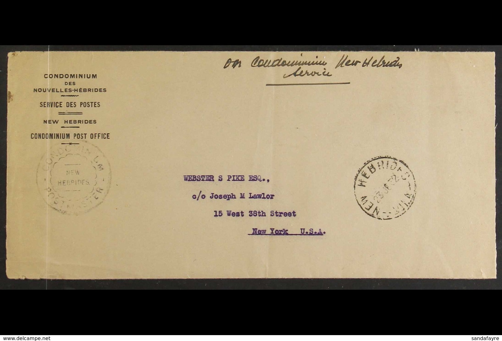 ENGLISH 1932 (June) Printed "CONDOMINIUM DES NOUVELLES-HEBRIDES/SERVICE DES POSTES" Bilingual Envelope, Endorsed At Top  - Other & Unclassified