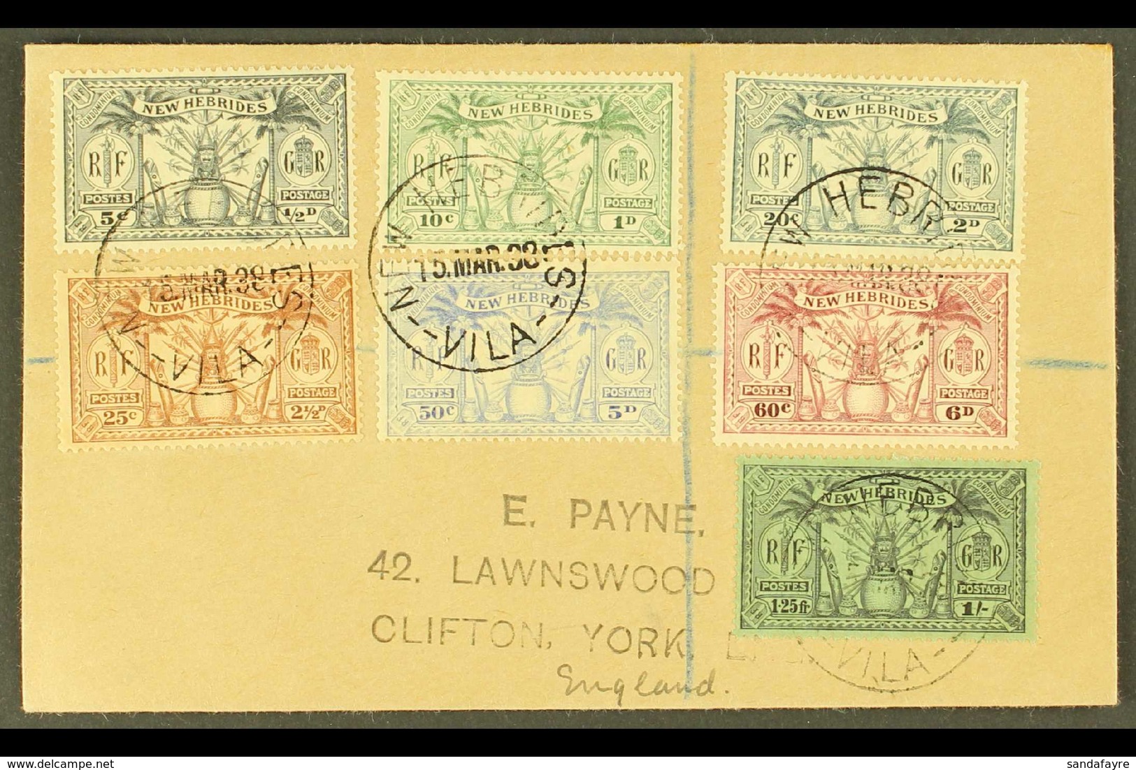 ENGLISH 1938 (March) A Neat And Attractive Philatelic Cover To England Bearing 1925 Set To 1s, Tied "NEW HEBRIDES VILA"  - Autres & Non Classés