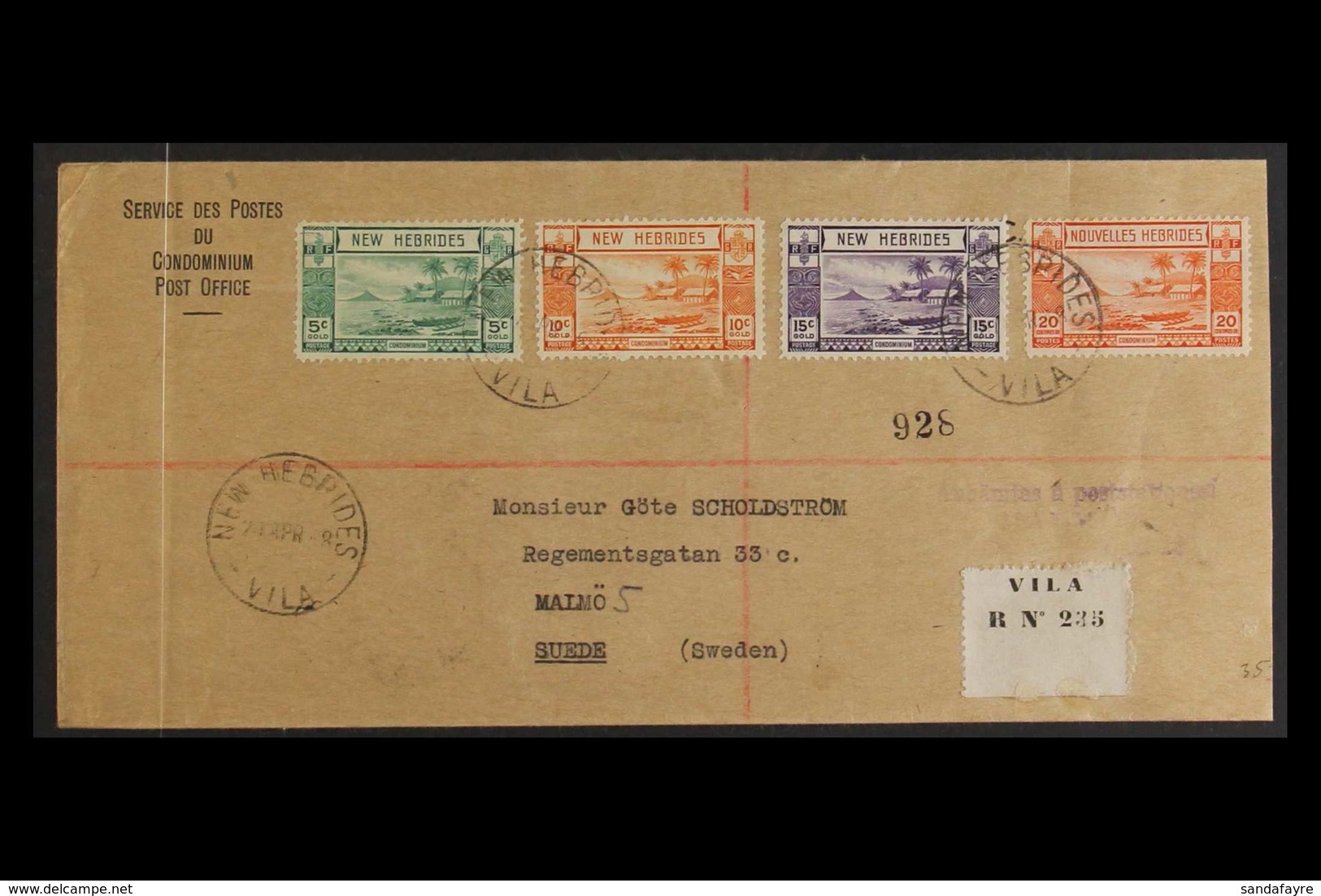 ENGLISH 1948 (April) Printed "Service Des Postes" Envelope Registered  To Sweden, Bearing 5c To 20c Tied "New Hebrides V - Andere & Zonder Classificatie