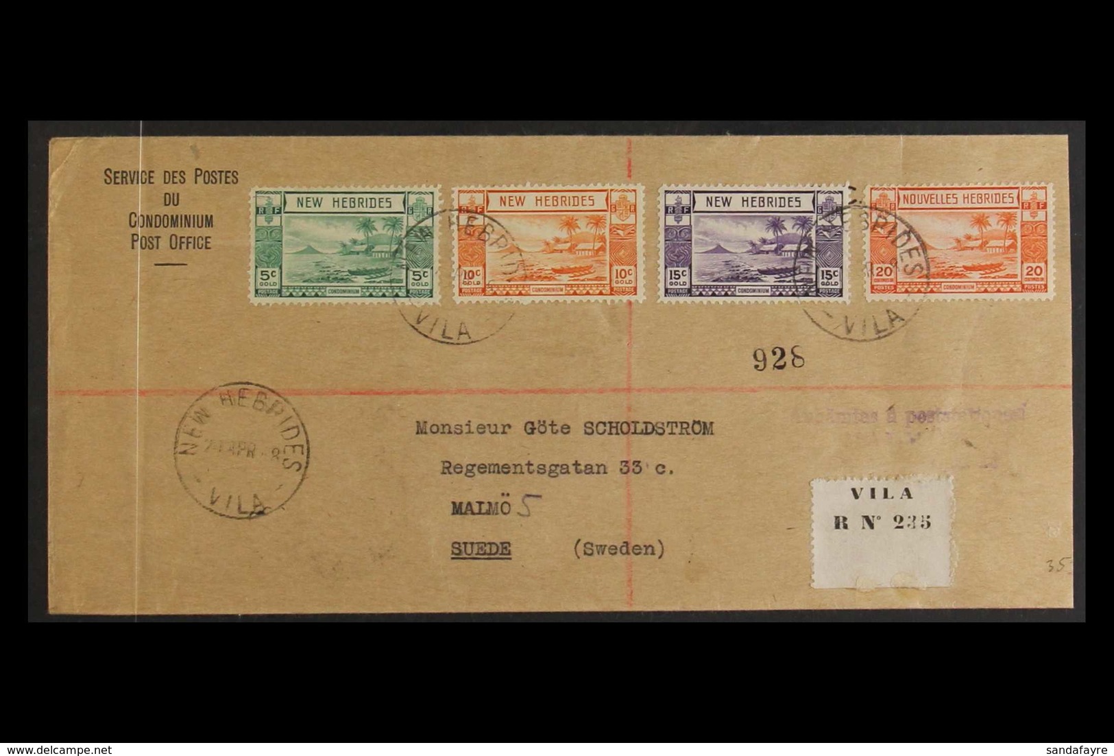 ENGLISH 1948 (April) Printed "Service Des Postes" Envelope Registered  To Sweden, Bearing 5c To 20c Tied "New Hebrides V - Sonstige & Ohne Zuordnung