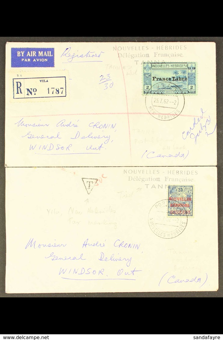 FRENCH - TANNA POSTAL AGENCY 1962 (July) Pair Of Envelopes (one Registered) To Canada, Bearing 191910-11 25c Or 1941 2f, - Andere & Zonder Classificatie