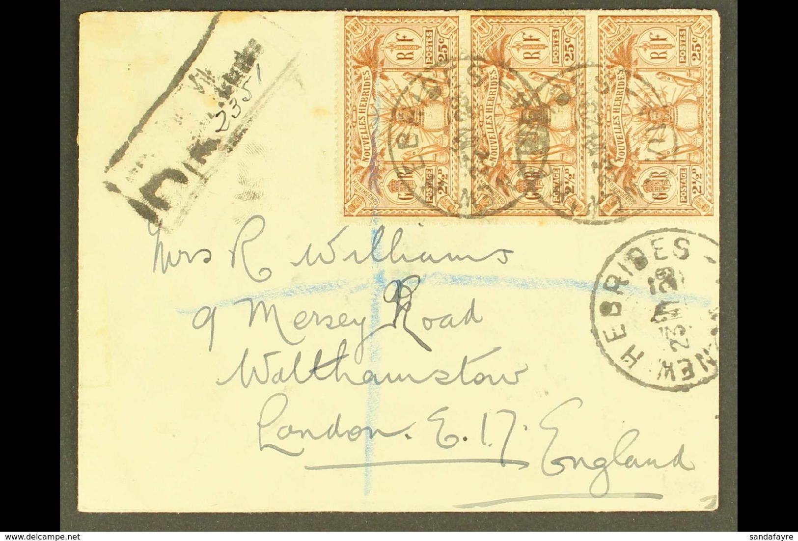 FRENCH 1929 (May) Commercial Envelope Registered To London, Bearing 1925 25c X6, Tied New Hebrides Vila Cds's, Handstamp - Other & Unclassified