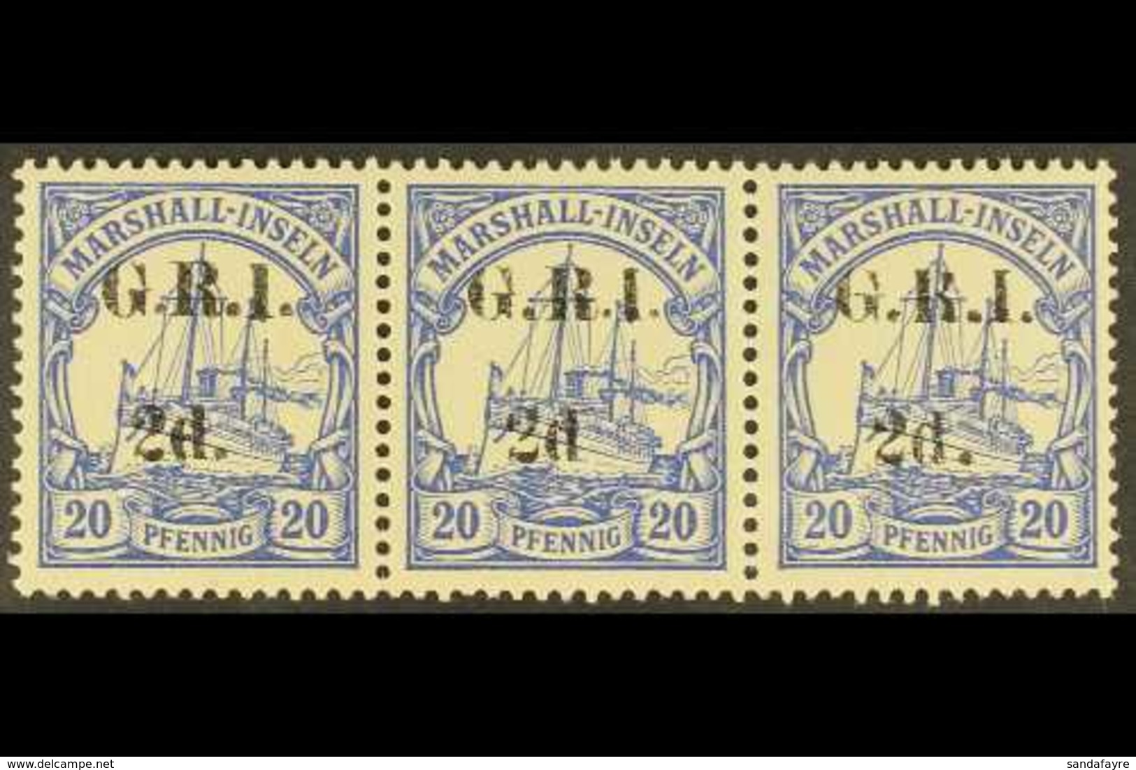 1914 2d On 20pf Ultramarine, Horiz Strip Of 3 One Showing The Variety "no Stop After D", SG 53, 53e, Very Fine Mint. For - Papouasie-Nouvelle-Guinée