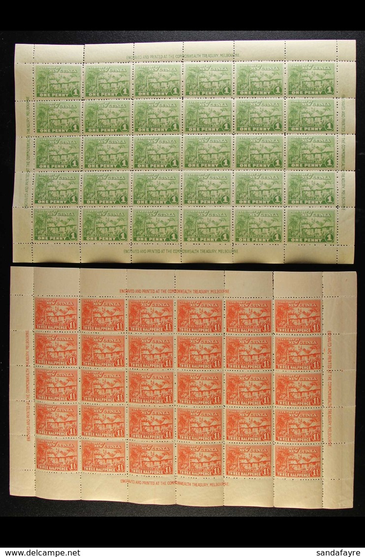 1925-27 "Native Village" 1d Green And 1½d Orange-vermilion (SG 126 & 126a), Never Hinged Mint Complete Sheets Of Thirty  - Papoea-Nieuw-Guinea