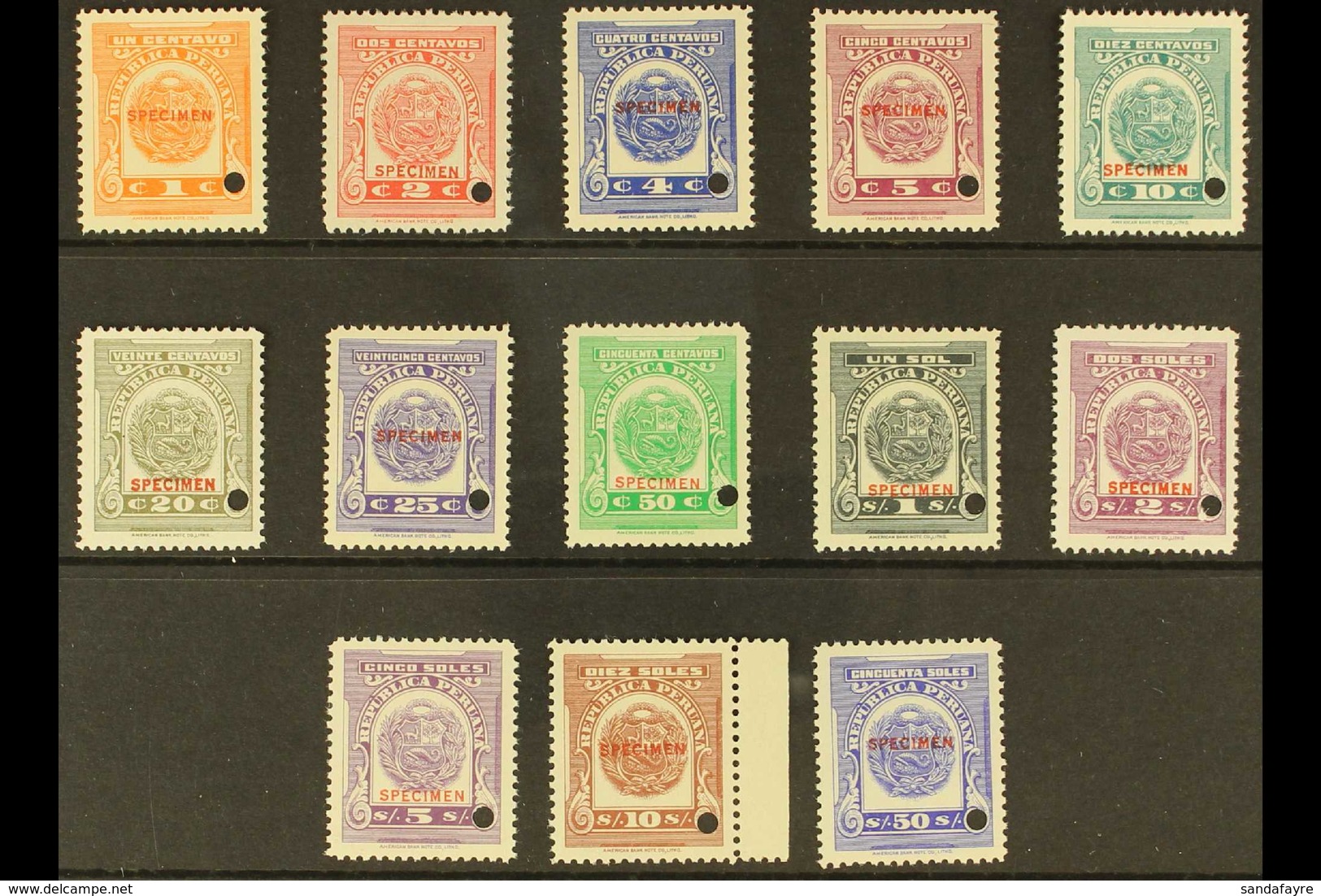 REVENUES DOCUMENT STAMPS 1937 Complete Set With "SPECIMEN" Overprints And Small Security Punch Holes, Never Hinged Mint, - Pérou