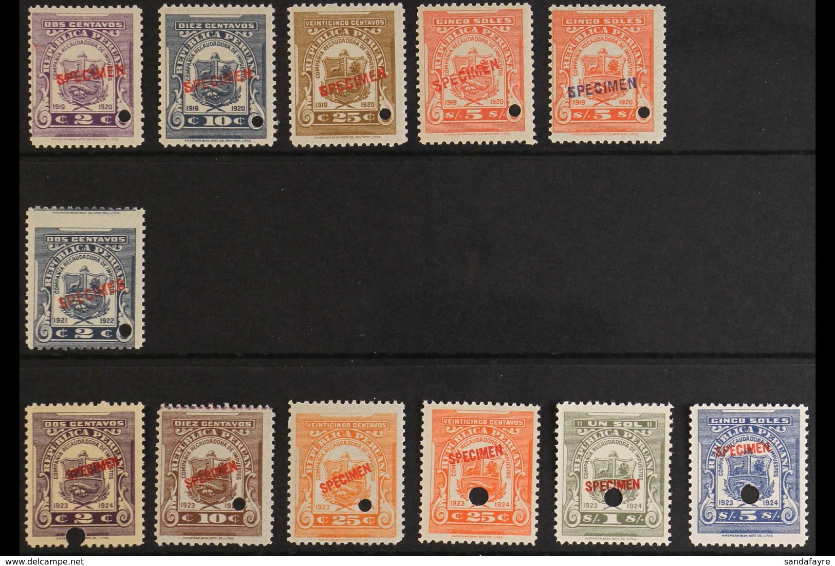 REVENUES DOCUMENT STAMPS 1912-1924 Never Hinged Mint All Different Group On Stock Cards, All With "SPECIMEN" Overprints  - Pérou