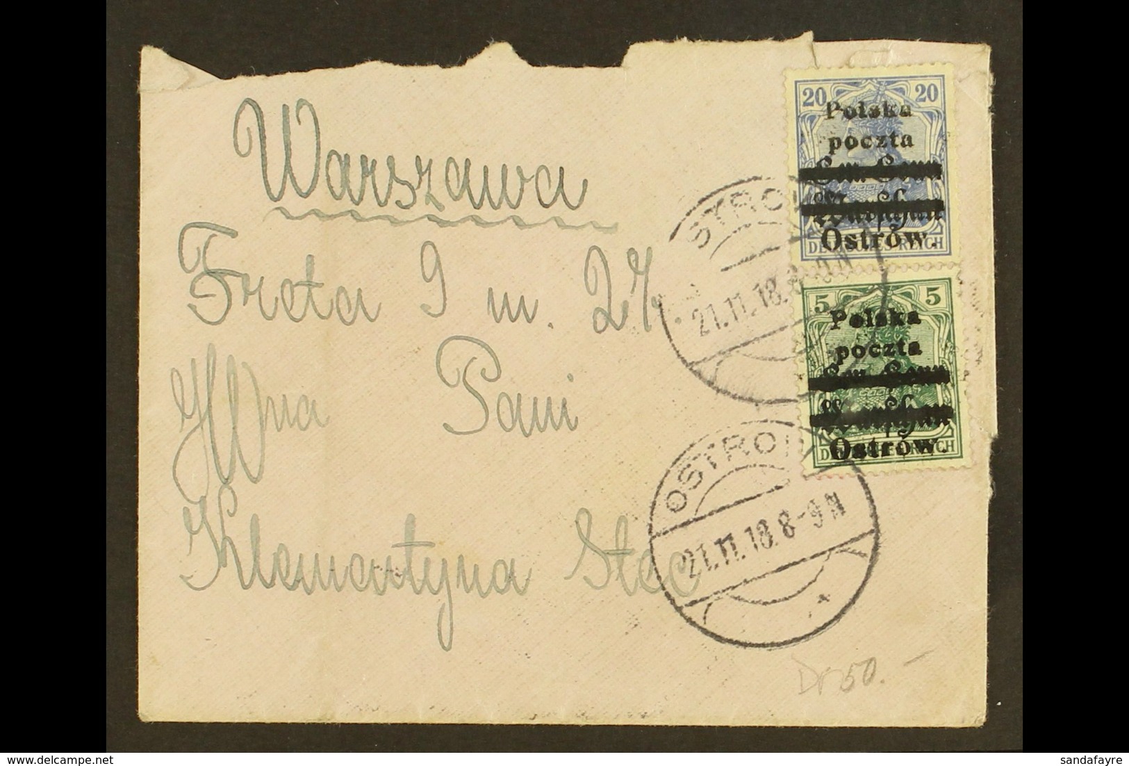LOCAL ISSUE OSTROW 1918 (21 Nov) Cover Addressed To Warsaw Bearing 5pf Green & 20pf Blue With Local Overprints Type B -  - Other & Unclassified