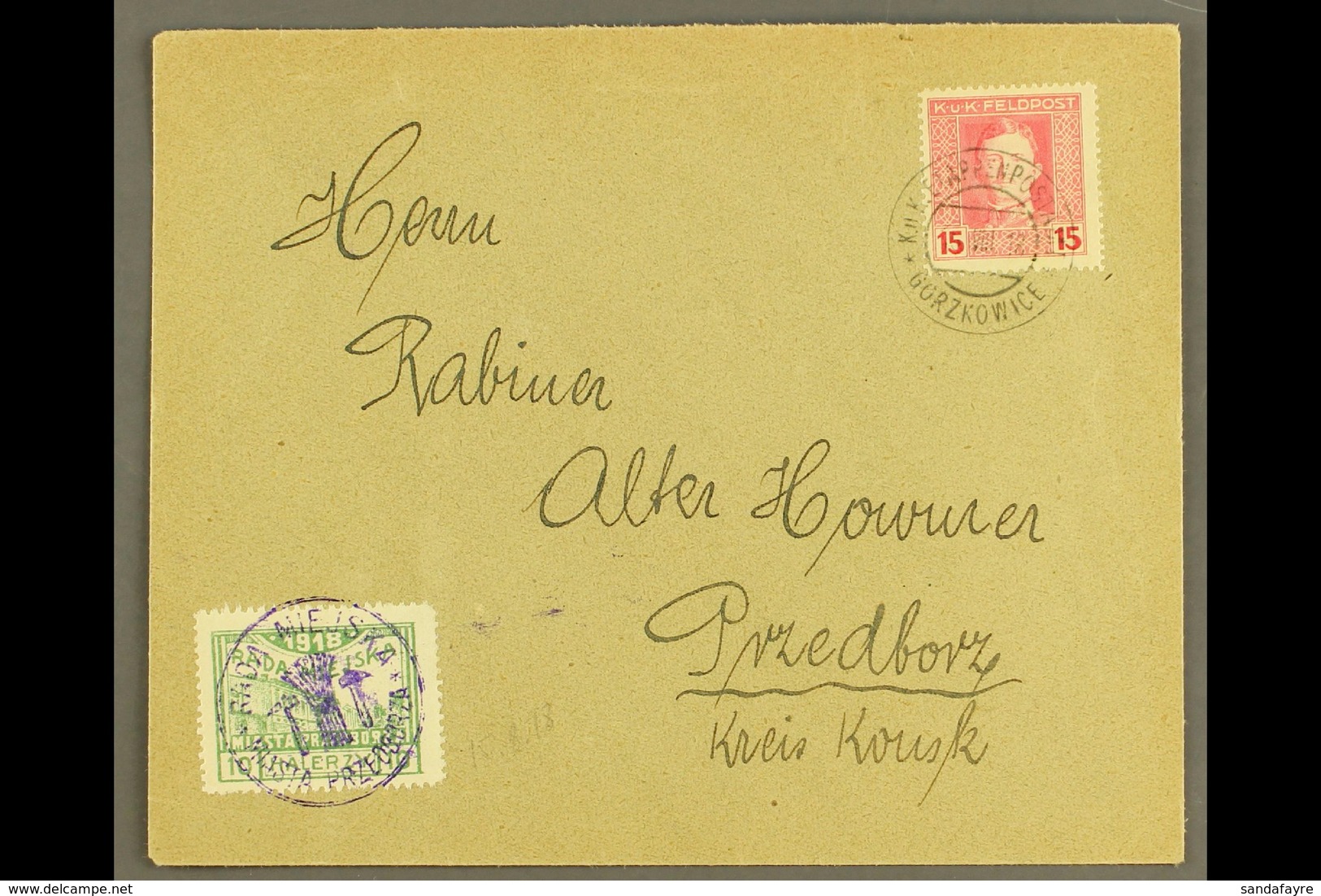 LOCAL TOWN POST PRZEDBORZ 1918 (15 Aug) Cover Bearing Austria 15h Feldpost Stamp Tied By "K.u.K. Etappenpostamt Gorzkowi - Altri & Non Classificati