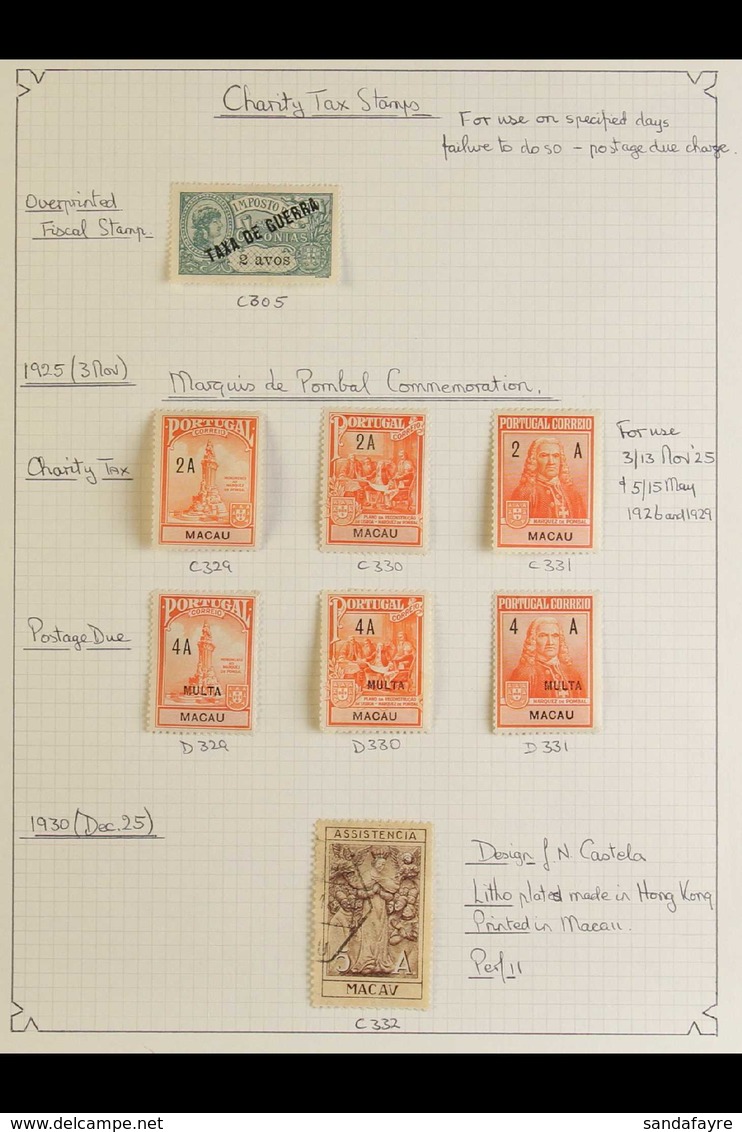 MACAU CHARITY TAX STAMPS 1919-1966 Mostly Mint/unused (no Gum As Issued) Collection On Leaves, Includes 1925 Pombal Both - Other & Unclassified