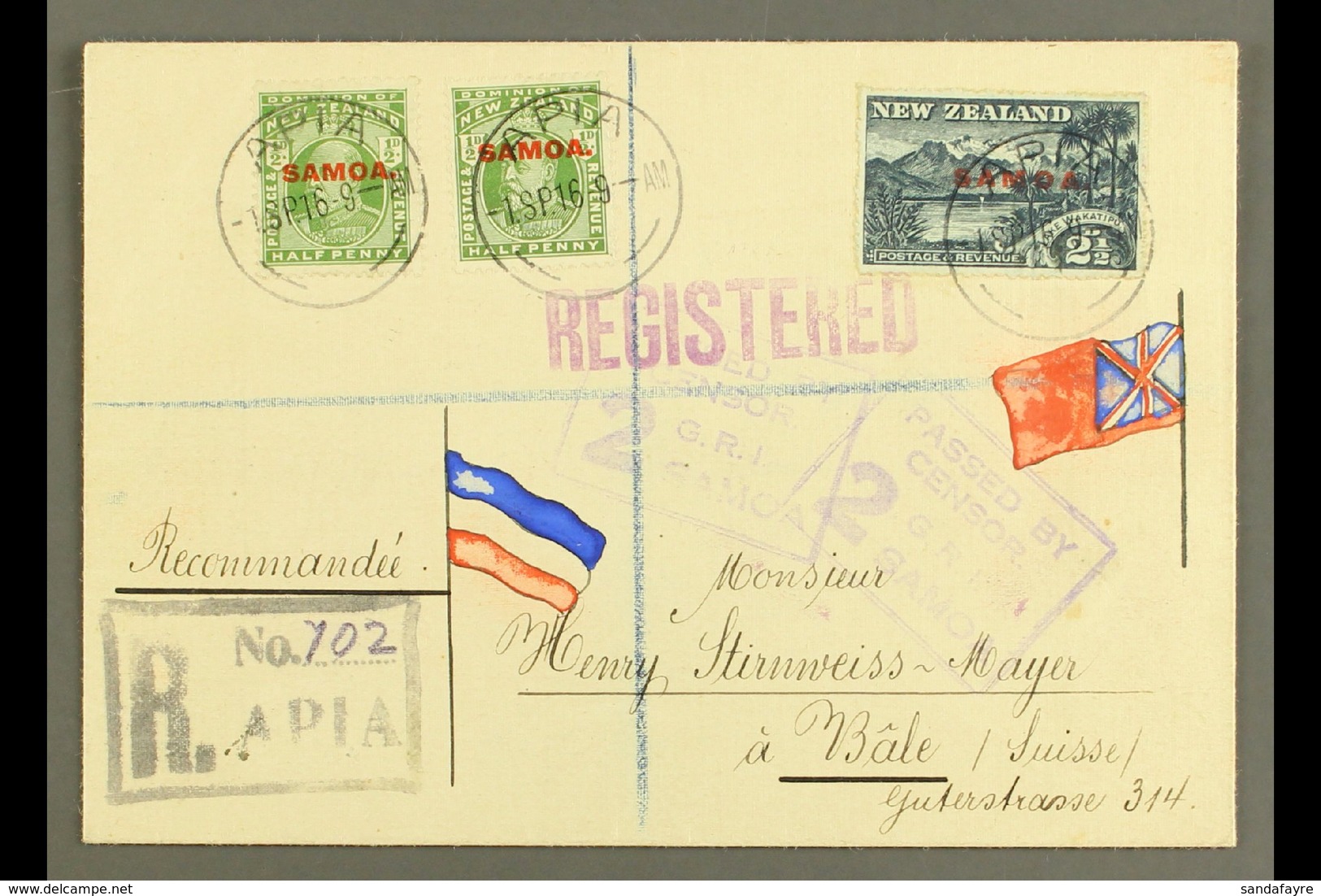 1916 Registered Cover To Switzerland, Franked ½d X2 & 2½d, SG 115, 118, Apia 01.09.16 Postmarks, Censor "2" Cachets Appl - Samoa (Staat)