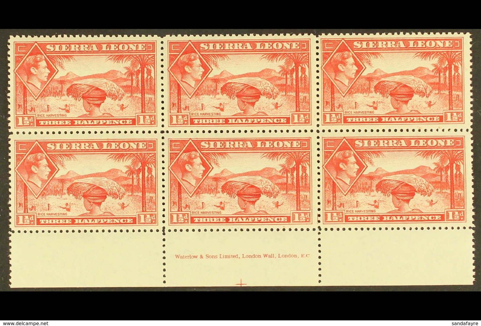 1938-44 1½d Scarlet Pictorial, SG 190, Never Hinged Mint Lower Marginal IMPRINT BLOCK Of 6 With Complete 'Waterlow & Son - Sierra Leone (...-1960)