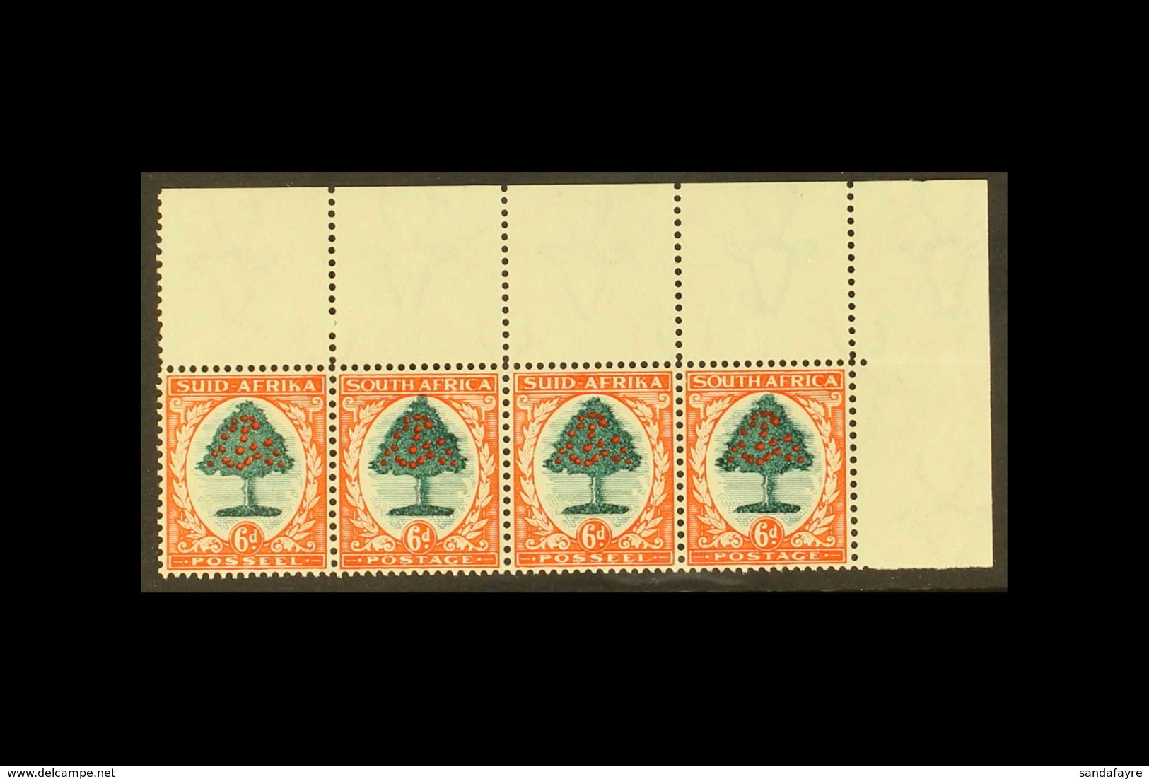 1933-48 6d Green And Vermilion Die I, SG 61, Upper Corner Marginal Horizontal STRIP OF FOUR (stamps Never Hinged Mint) I - Zonder Classificatie