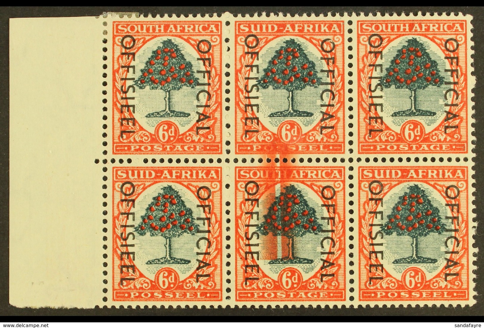 OFFICIAL VARIETY 1950-4 6d Green & Red-orange, Block Of Six With LARGE SCREEN FLAW, O46 Var, Very Fine Mint. For More Im - Unclassified