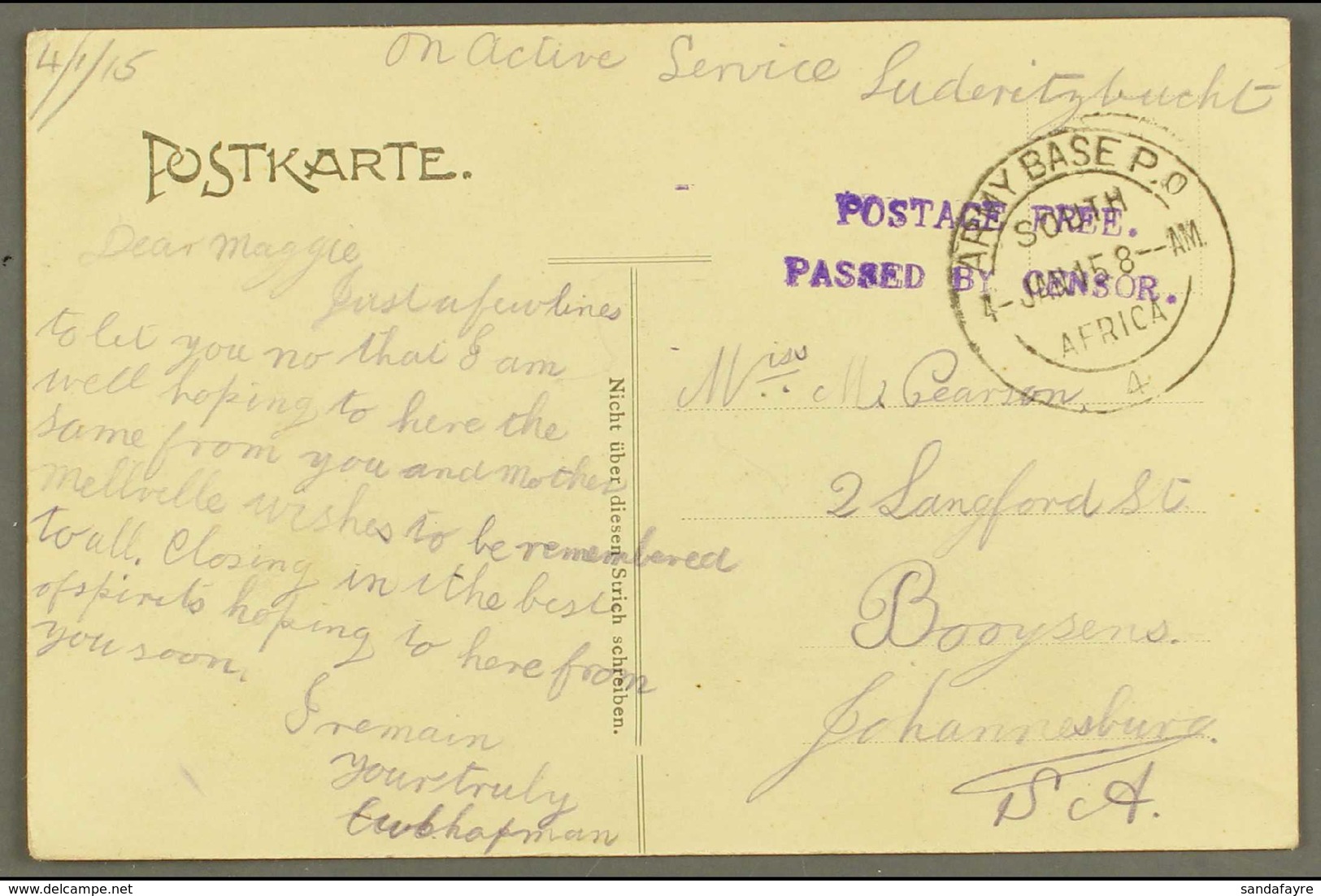 1915 (4 Jan) Stampless Postcard (of Railway Construction Gang) Hand Endorsed "On Active Service Luderitzbuch" Sent To Jo - South West Africa (1923-1990)