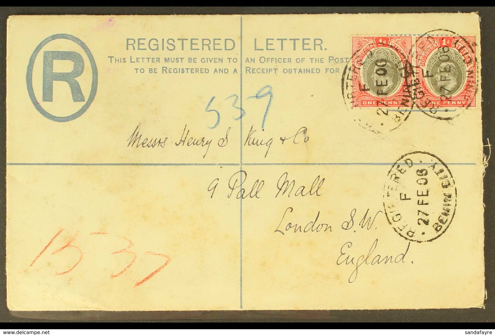 1906 (Feb 27th) 2d Registered Envelope To London uprated With 1d Pair Tied By BENIN CITY Oval Cancels, London (red) Hood - Nigeria (...-1960)