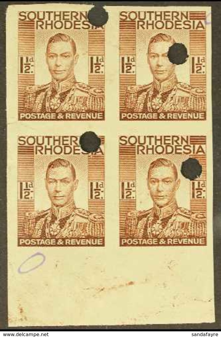 1937 1½d Red Brown As SG 42, Imperf Marginal Block Of 4 With Security Punch Holes, Waterlow Printed On Gummed, Unwaterma - Rhodesia Del Sud (...-1964)