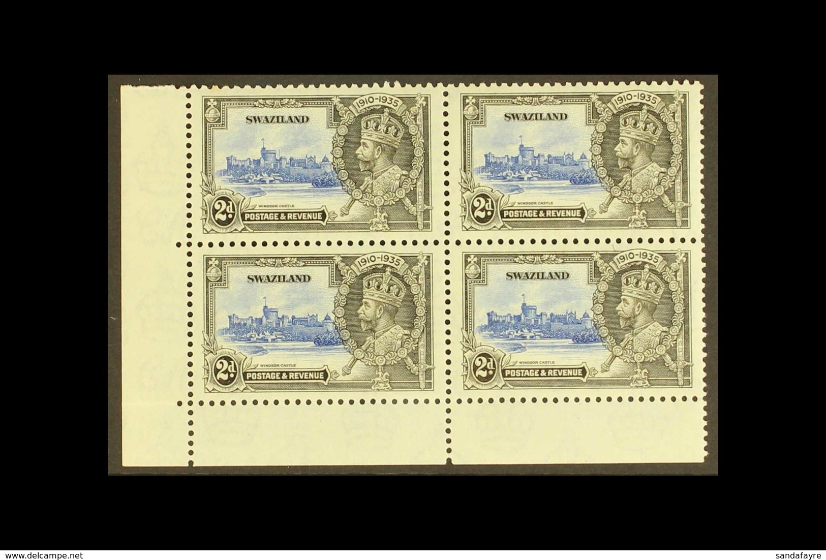 1935 2d Ultramarine And Grey Black Jubilee, Variety "Extra Flagstaff", SG 22a, In A Mint Corner Block Of 4 With Normals. - Swaziland (...-1967)