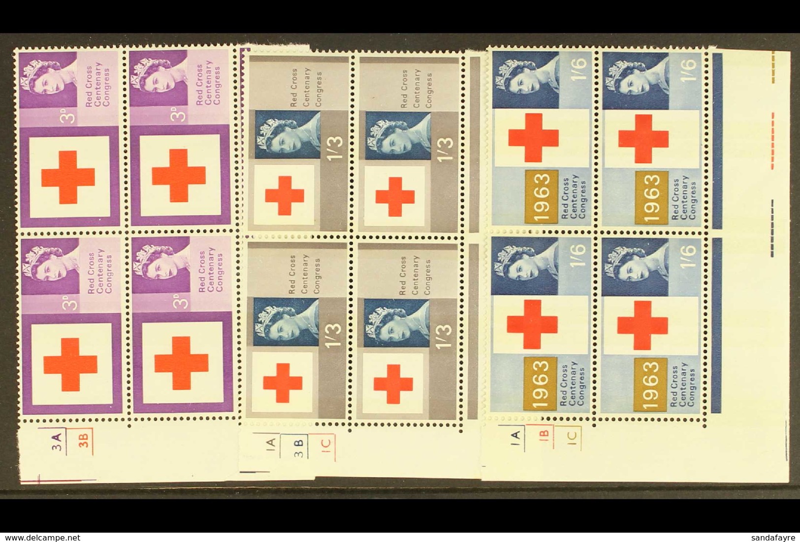 1963 RED CROSS PHOSPHOR CYLINDER BLOCKS. Red Cross Centenary Phosphor Set (SG 642p/44p) In CYLINDER NUMBER BLOCKS OF FOU - Autres & Non Classés