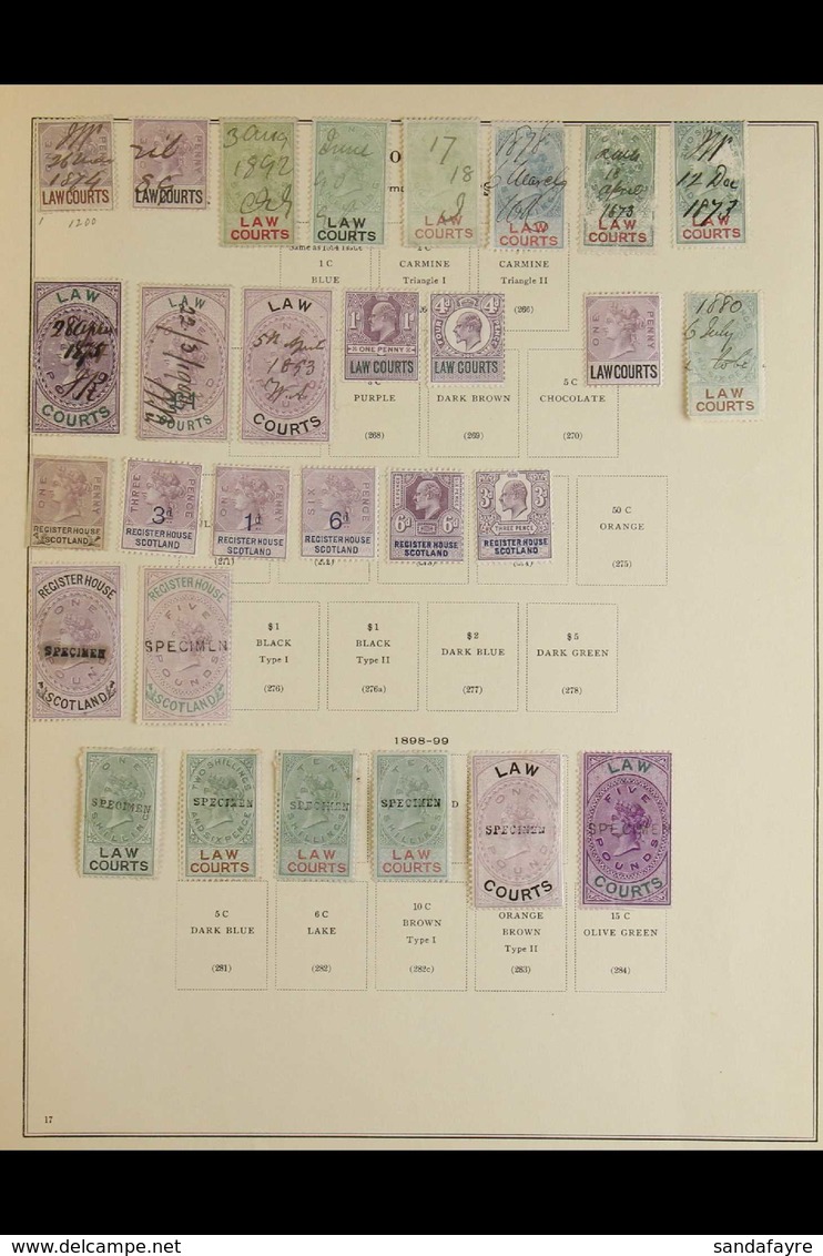 REVENUE STAMPS - SCOTLAND Collection On Album Page. With LAW COURTS QV Range To £1 (3 Different), Overprinted "SPECIMEN" - Sonstige & Ohne Zuordnung
