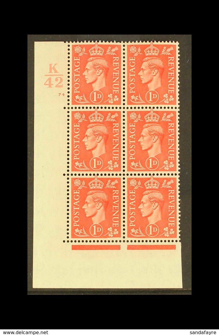 1941 KGVI CYLINDER BLOCK WITH VARIETIES. 1d Pale Red Control K42 Corner Block 6, Cylinder 74 No Dot, The Lower Pair Show - Other & Unclassified