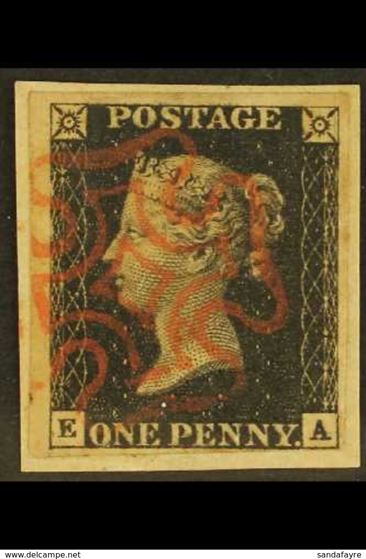 1840 1d Black 'EA' Plate 8, SG 2, Used With 4 Margins Tied To Small Piece By Pretty Red MC Cancellation. Lovely. For Mor - Ohne Zuordnung