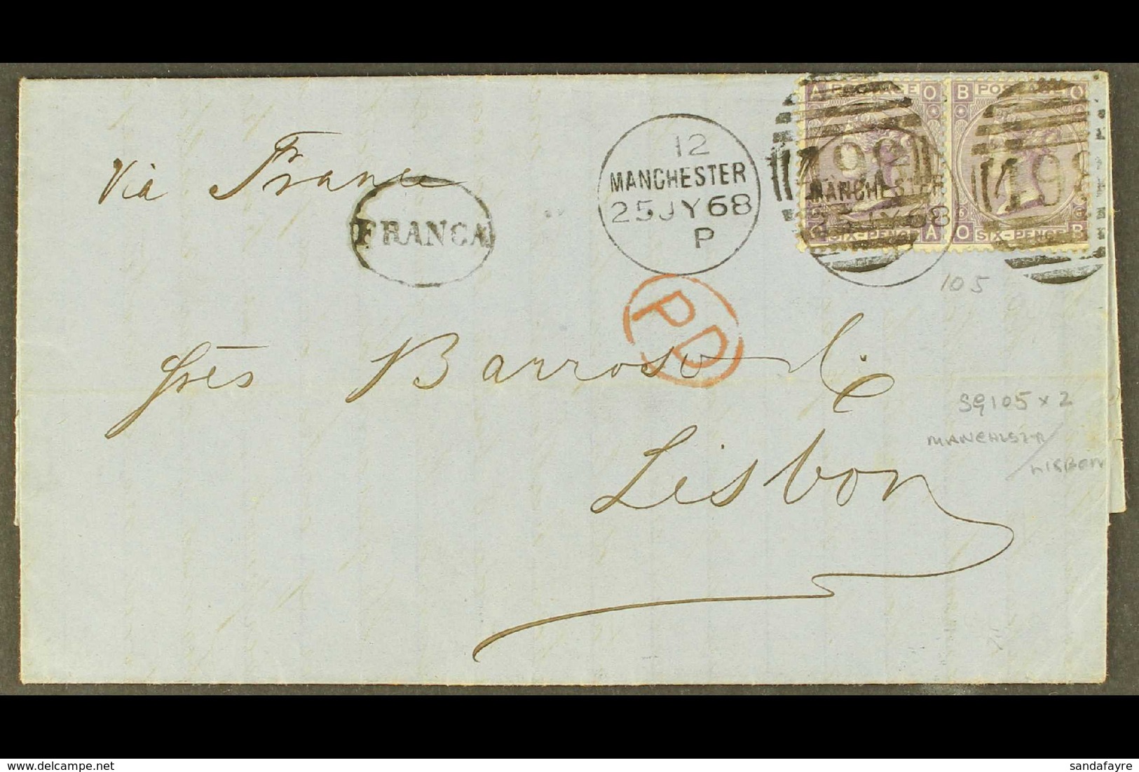 1868 (July) 6d Lilac, Plate 6 Pair, Used On Entire To Lisbon, SG 104, Manchester Duplex Cancels, Clean & Fine. For More  - Sonstige & Ohne Zuordnung