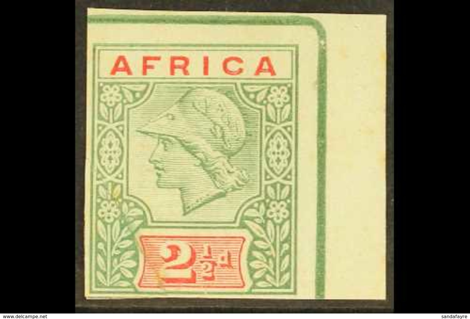 1894 AFRICA DE LA RUE ESSAY 2½d Green & Carmine Minerva Imperf, Mint Corner Example, Torn & Repaired Corner. For More Im - Other & Unclassified