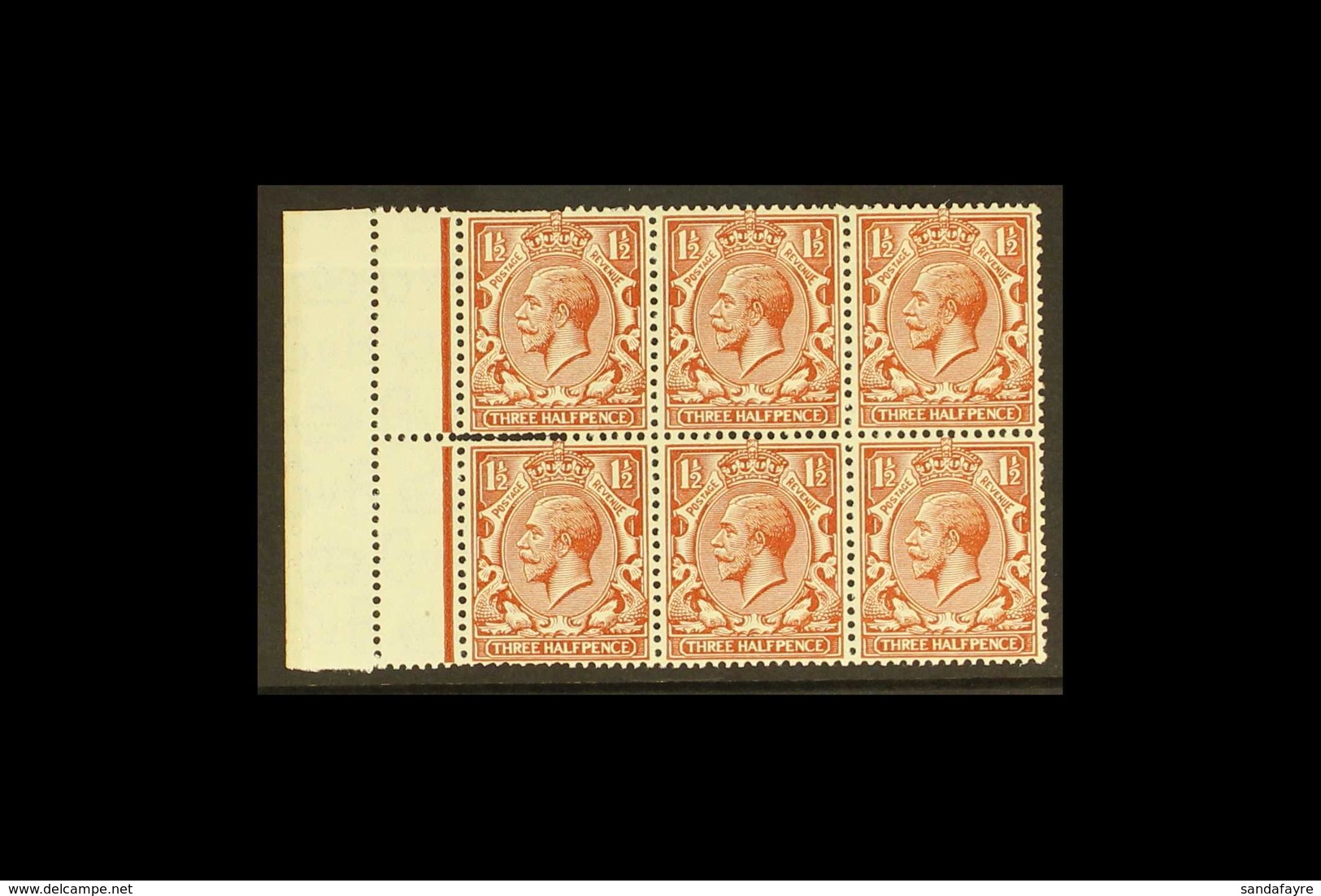 1924-26 1½d Red-brown, Wmk Block Cypher, left Margin Block Of 6 With DOUBLE PERFORATION ERROR At Left, SG 420, Horizonta - Zonder Classificatie