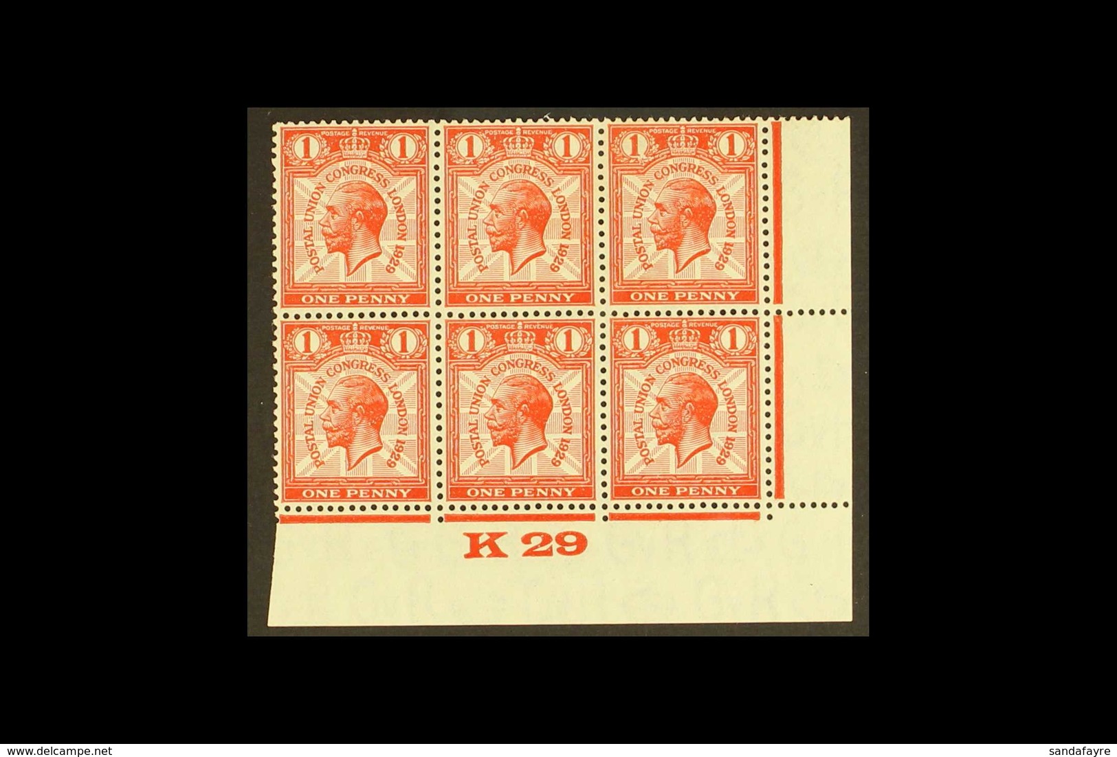 1929 1d Scarlet UPU, BROKEN WREATH At LEFT Variety (Pl. 4, R. 19/12) In "K29" Control Block Of 6, SG Spec NCom6d, Very F - Ohne Zuordnung