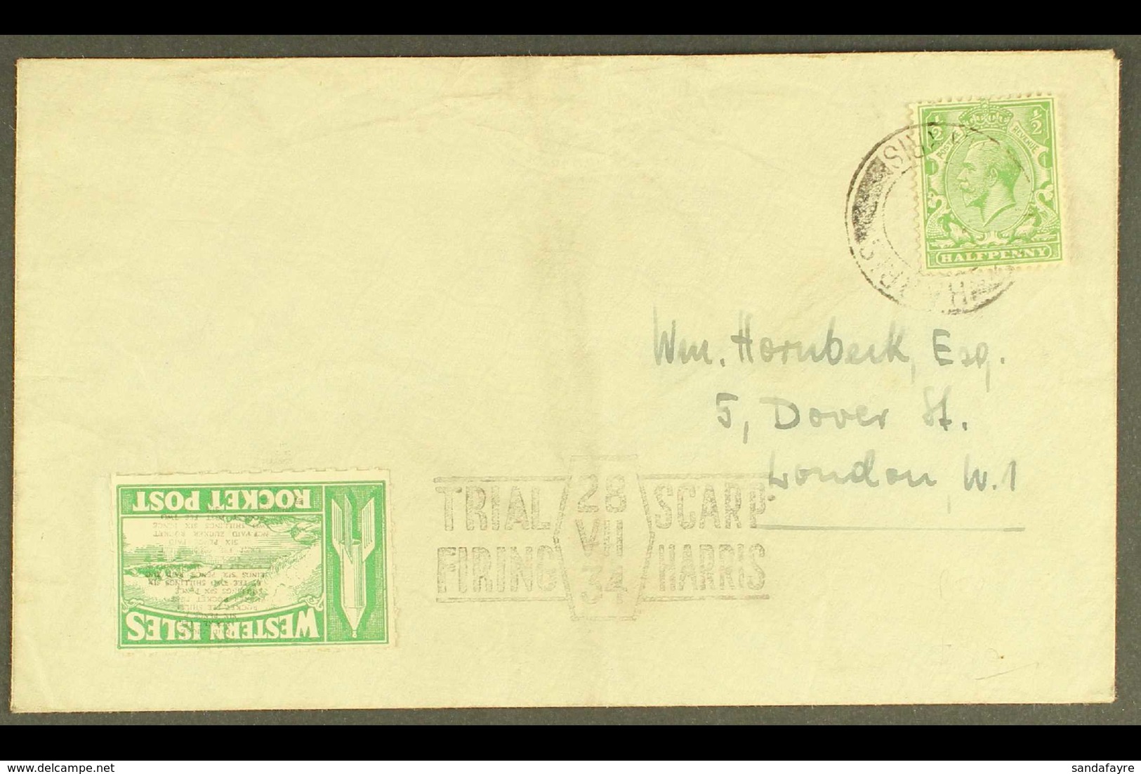 1934 ROCKET POST CRASH. 1934 (28 July) Env With ½d Stamp Tied "Harris / Isle Of Harris" Cds With Green "Western Isles /  - Unclassified