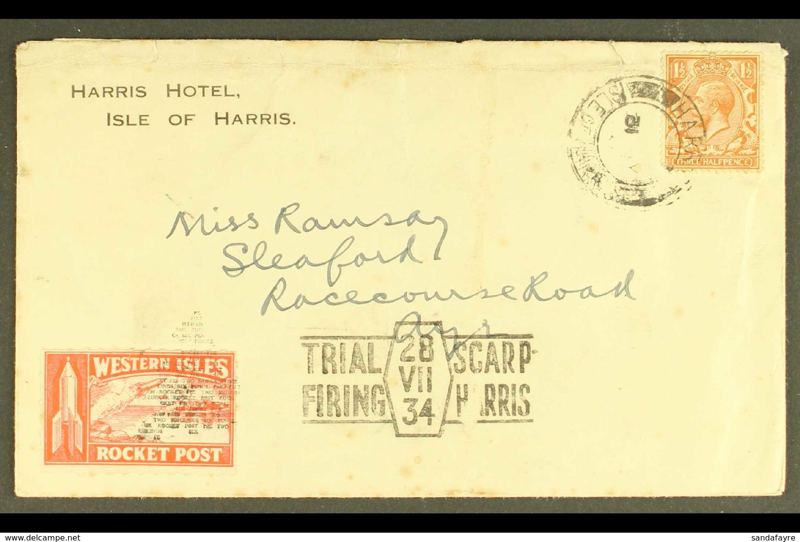 1934 ROCKET POST CRASH. 1934 (28 July) Env With 1½d Stamp Tied "Harris / Isle Of Harris" Cds With Red "Western Isles / R - Non Classificati