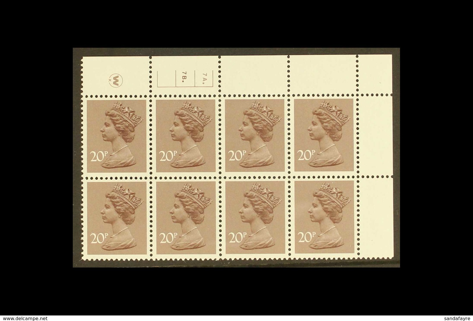 1981 MACHIN PLATE NUMBER BLOCK 20p Dull Purple, SG X999, Perf 14 (Litho) Waddington, Phosphorised (FCP), Plate 7A. 7B. C - Andere & Zonder Classificatie