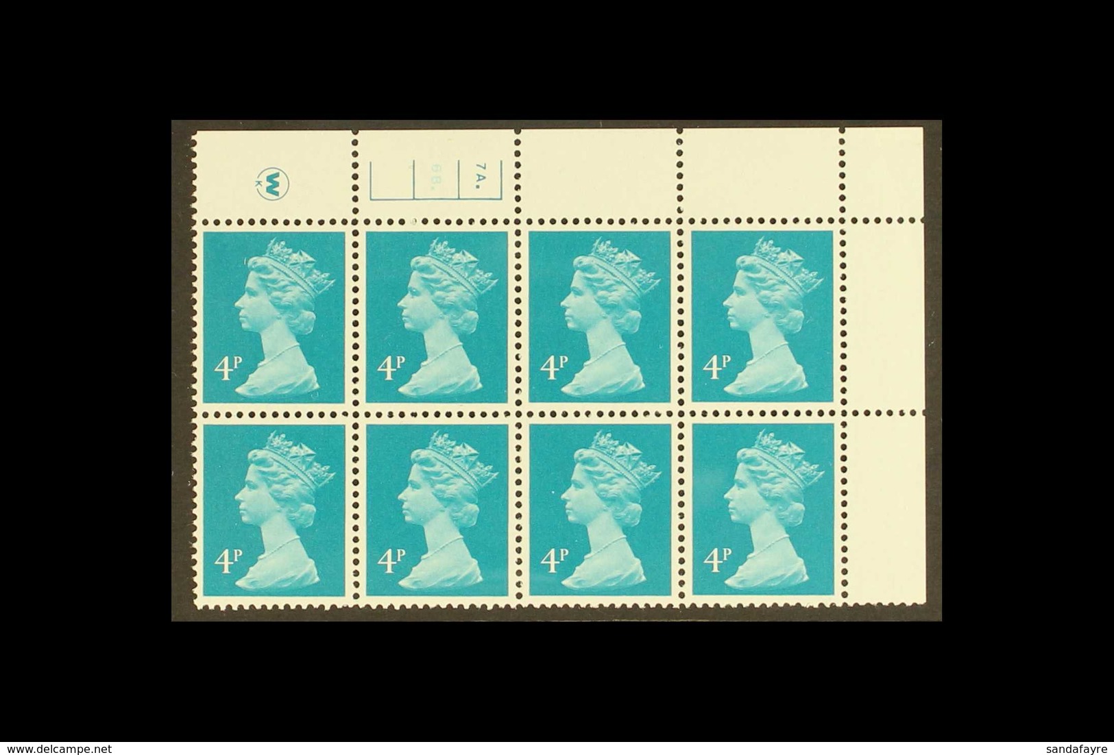 1981 RARE MACHIN PLATE NUMBER BLOCK 4p Greenish Blue, SG X997, Perf 14 (Litho) Waddington, Phosphorised (FCP), Plate 7A. - Other & Unclassified