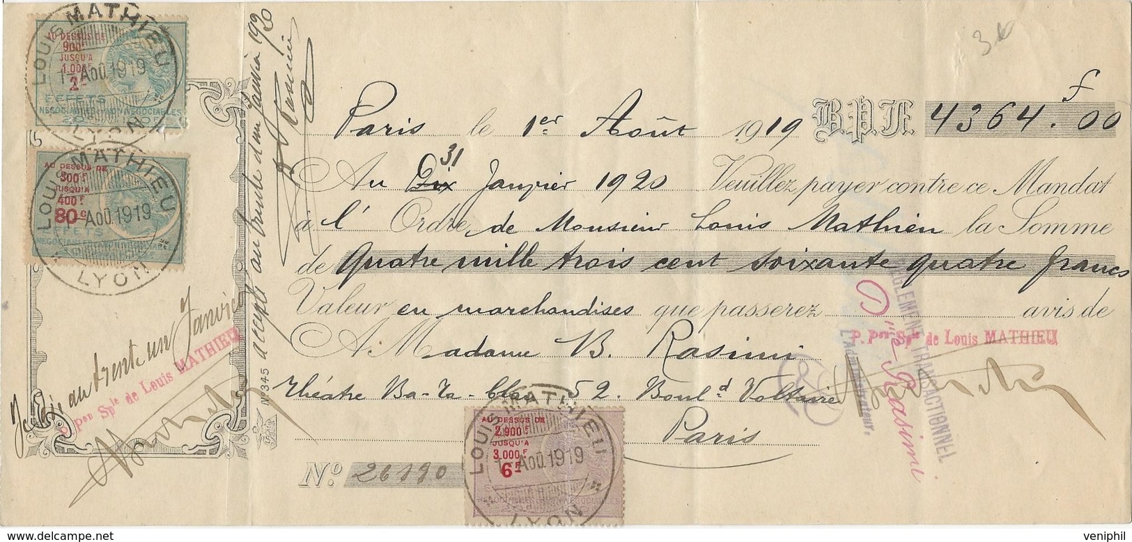 TRAITE TIMBREE LOUIS MATHIEU  -LYON - Bills Of Exchange