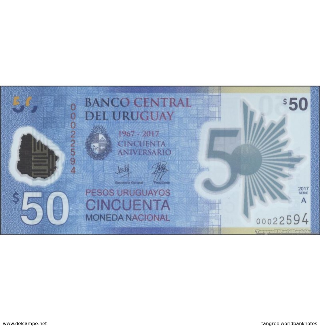 TWN - URUGUAY NEW - 50 P. U. 2017 (2018) Polymer - 50th Ann. Of Banco Central Del Uruguay - Serie A - Low Serial UNC - Uruguay