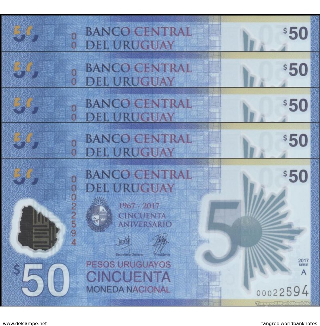 TWN - URUGUAY NEW - 50 Pesos Uruguayos 2017 (2018) DEALERS LOT X 5 Polymer - 50th Ann. Of Banco Central - Low Serial UNC - Uruguay