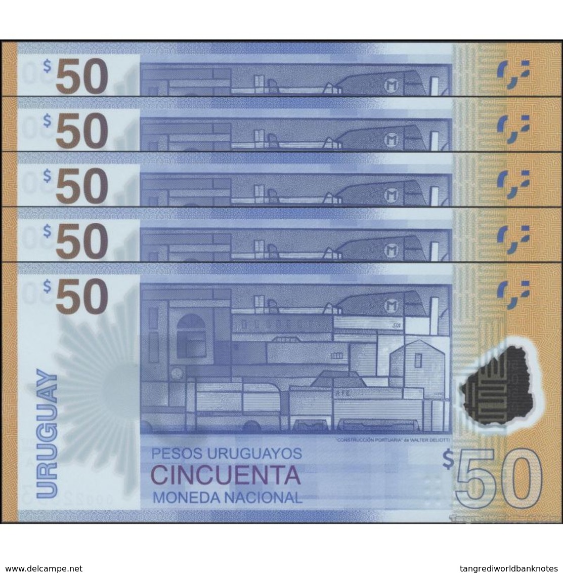 TWN - URUGUAY NEW - 50 Pesos Uruguayos 2017 (2018) DEALERS LOT X 5 Polymer - 50th Ann. Of Banco Central - Low Serial UNC - Uruguay