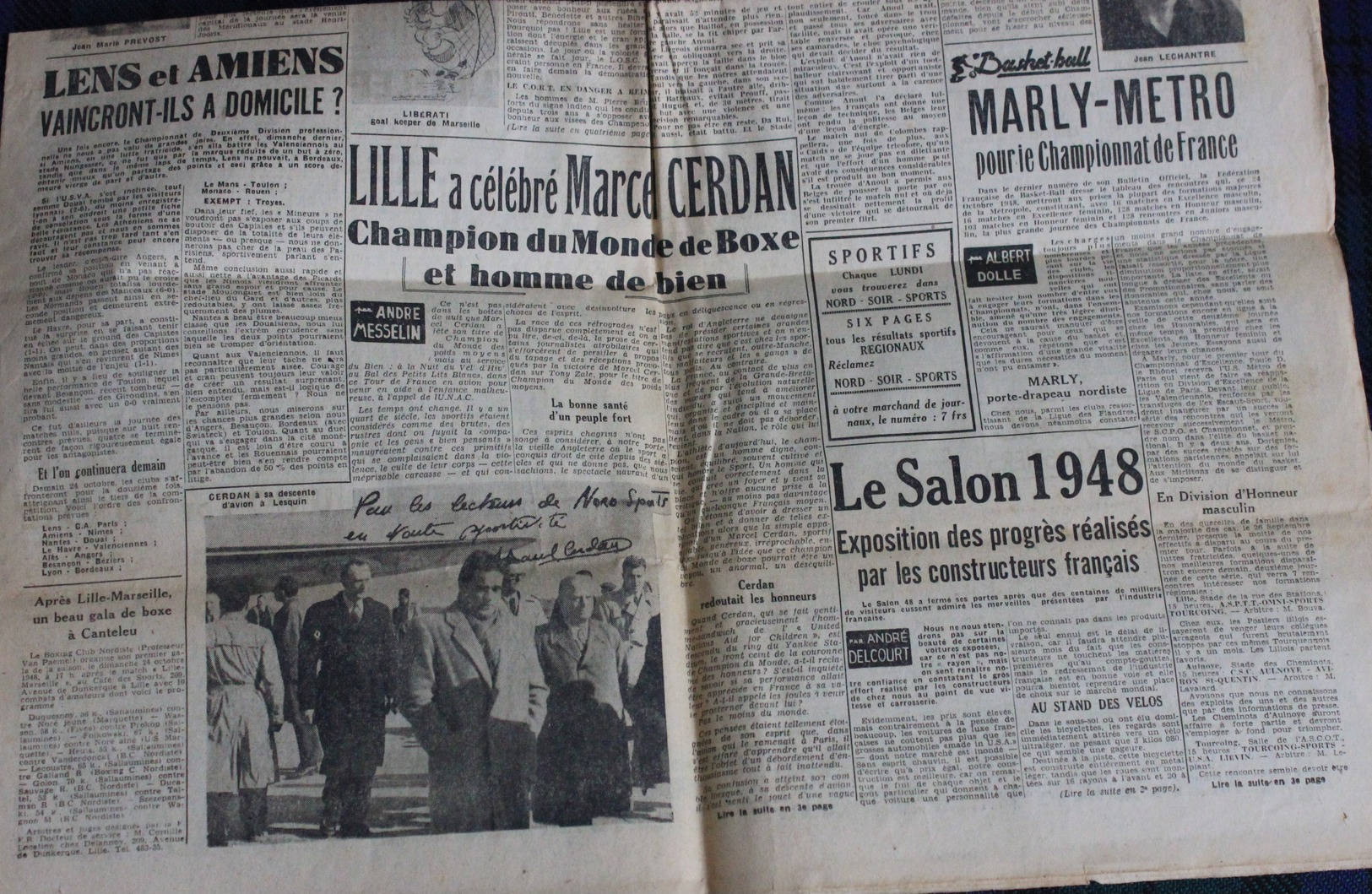 Journal "NORD SPORTS" Du 23 Octobre 1948, Foot : Lille Leader Du Championnat Recoit Marseille, Boxe Cerdan à Lille - Autres & Non Classés