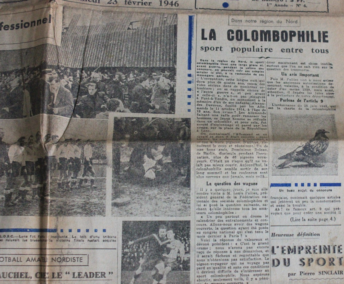 Journal " SPORTS ECLAIR " Du 23 Février 1946, Foot Ball Lille De Nouveau Leader Du Championnat, Colombophilie - Lille