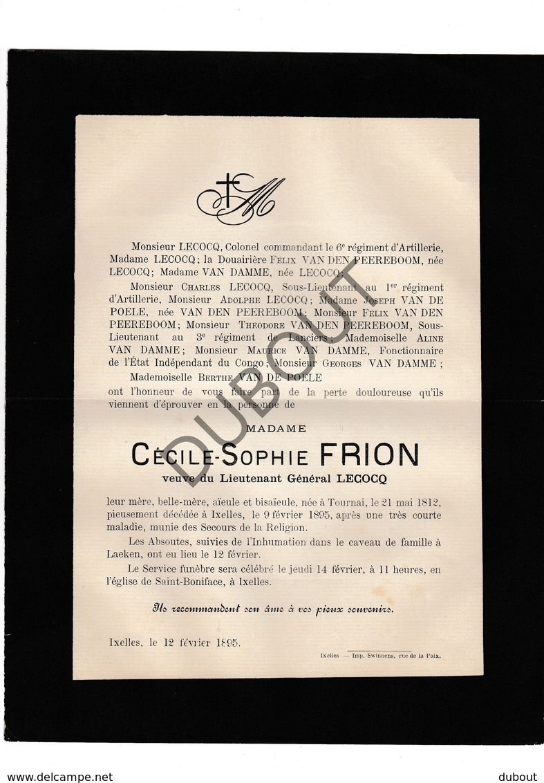 Doodsbrief Cécile-Sophie Frion °1812 Doornik †1895 Ixelles/Elsene Echtg. Lieutenant Général Lecocq (H17) - Décès