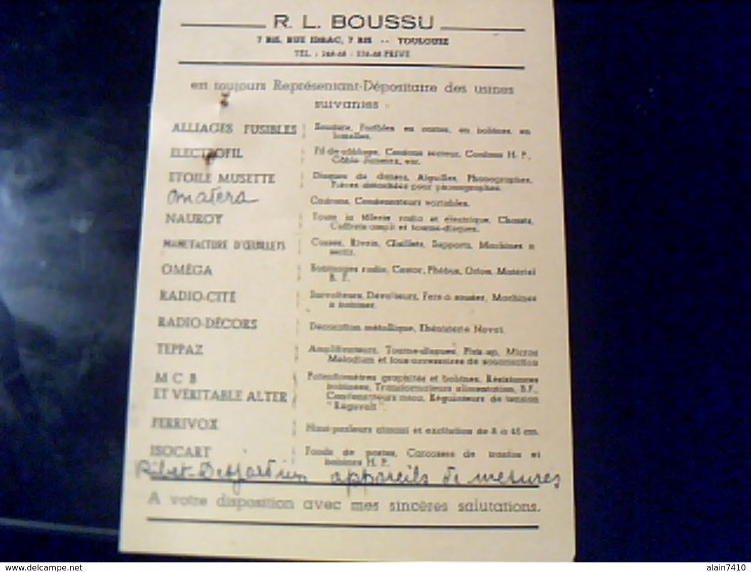 Vieux Papier Carton  Publicité Carte De Visite R.L. BOUSSU  Representant Produits Electriques A Toulouse Annee ?? - Cartes De Visite