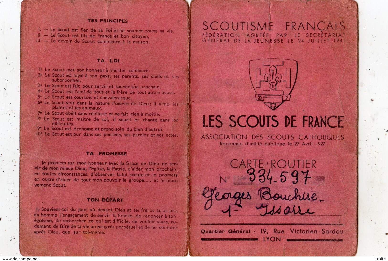 LES SCOUTS DE FRANCE CARTE ROUTIER - Scoutisme