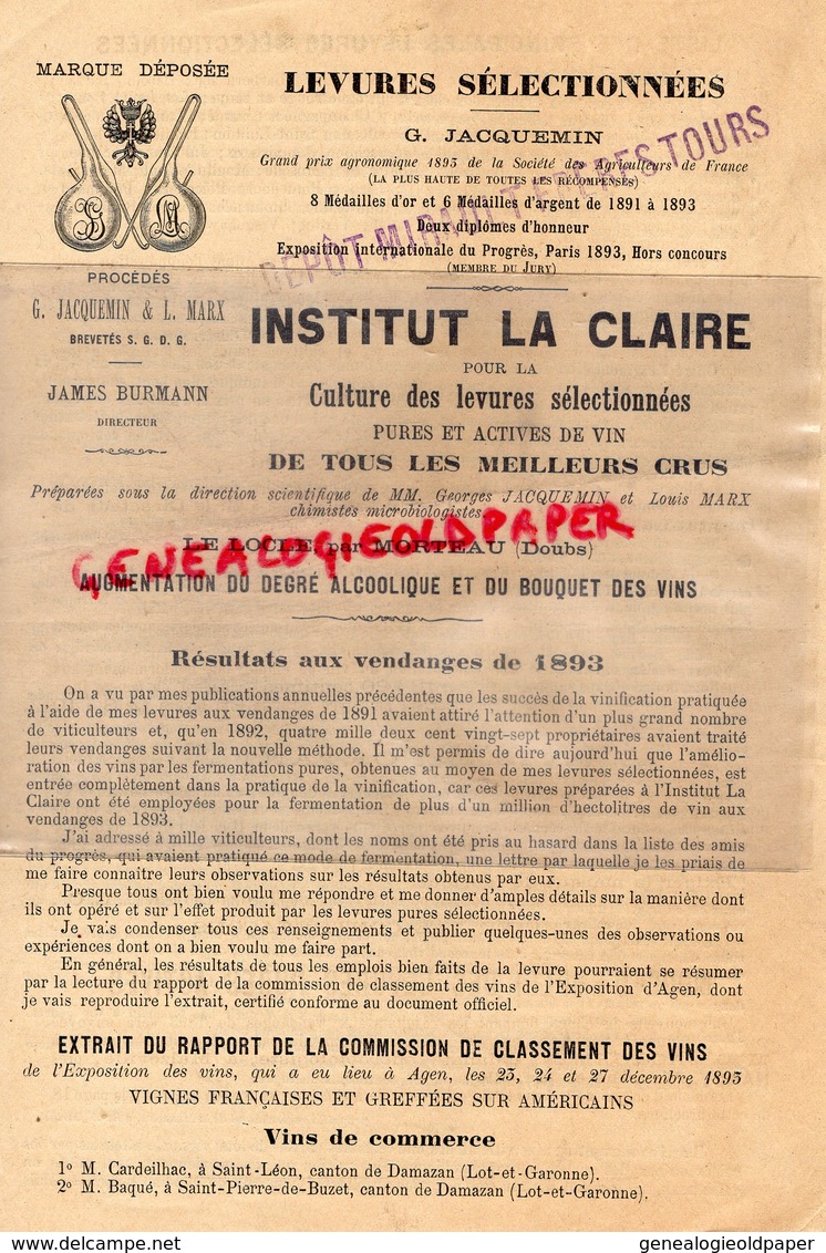 25- LE LOCLE PAR MORTEAU- LEVURES G. JACQUEMIN & L. MARX-DEPOT MIRAULT FRERES A TOURS-JAMES BURMANN DIRECTEUR -1893 - Landwirtschaft