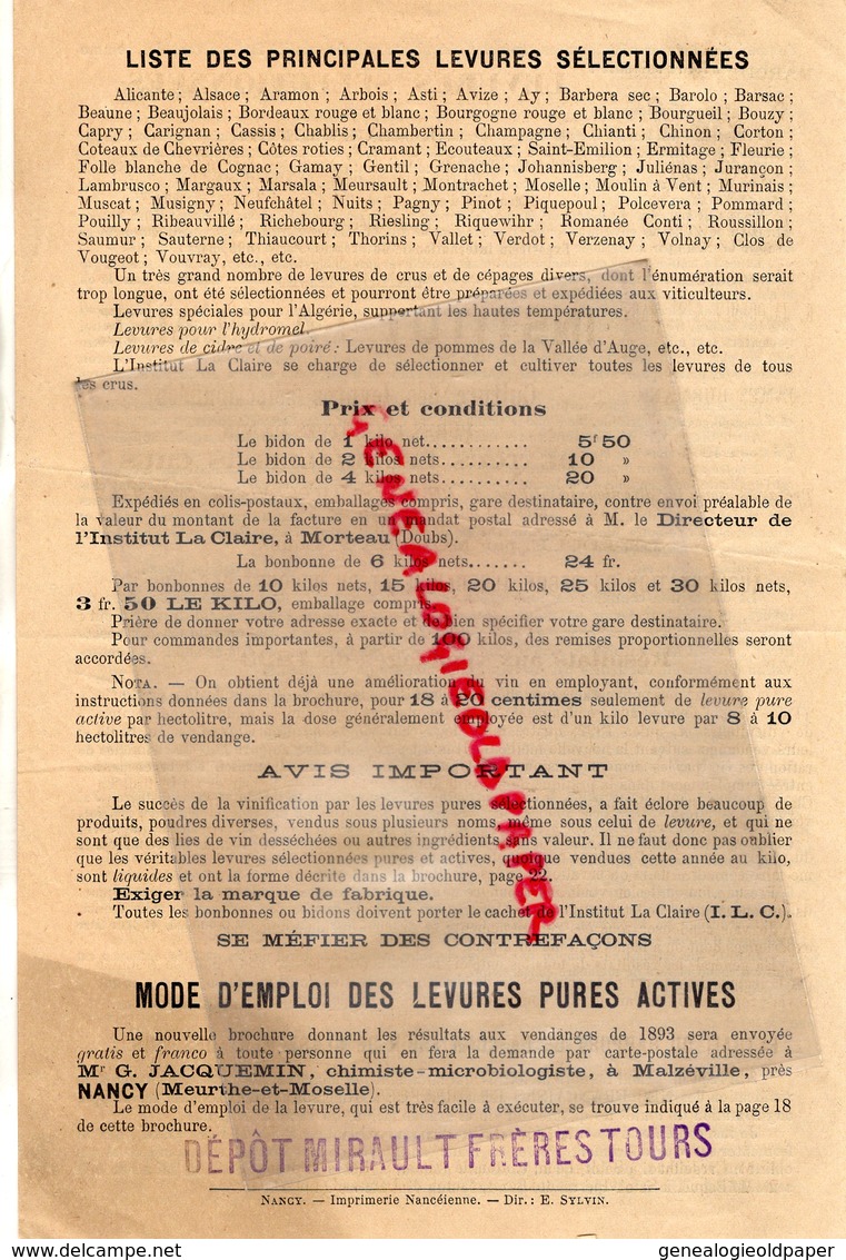 25- LE LOCLE PAR MORTEAU- LEVURES G. JACQUEMIN & L. MARX-DEPOT MIRAULT FRERES A TOURS-JAMES BURMANN DIRECTEUR -1893 - Landwirtschaft