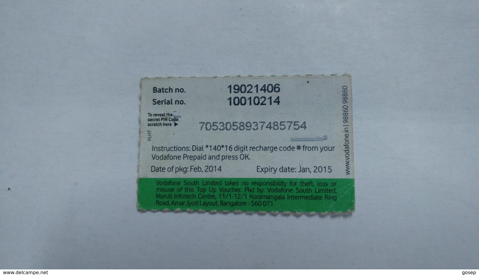 India-top Up Voucher Card-(37)-(rs.10)-(bangalore)-(1/2015)-used Card+1 Card Prepiad Free - Indien