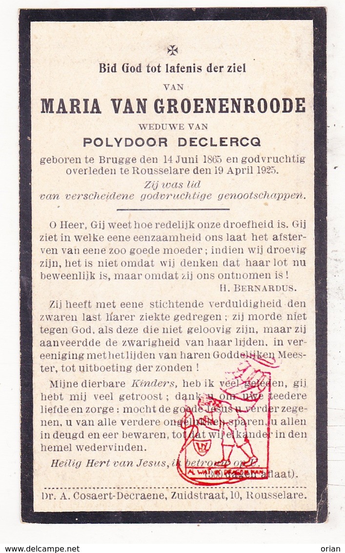 DP Maria Van Groenenroode ° Brugge 1865 † Roeselare 1925 X P. DeClercq - Devotieprenten