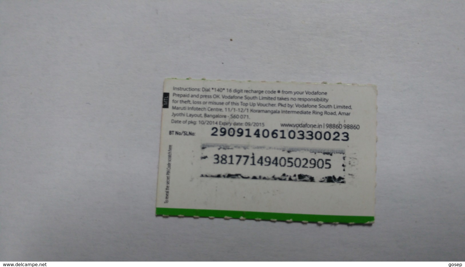 India-top Up Voucher Card-(37l)-(rs.10)-(bangalore)-(look Out Side)-used Card+1 Card Prepiad Free - India