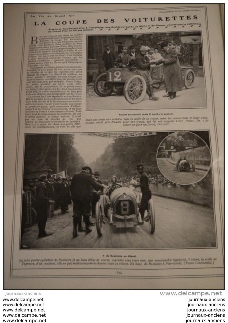 1908 AUTOMOBILE - COMPIÉGNE - LA COUPE DES VOITURETTES - SIZAIRE - F DE BAZELAIRE - MENARD ET SONVICO À PIERREFONDS - 1900 - 1949