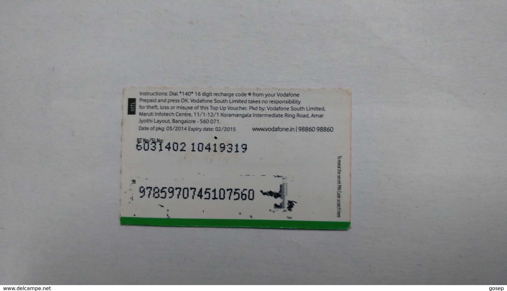 India-top Up Voucher Card-(37m)-(rs.20)-(bangalore)-(look Out Side)-used Card+1 Card Prepiad Free - India