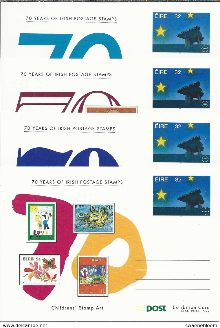 IE.- 70 Years Of Irish Postage Stamps. 4 X Post Exhibition Card. Children's Stamp Art. Single European Market. 1 St Defi - Postwaardestukken